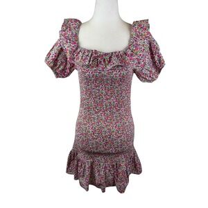 DO+BE Floral Smocked Puff Sleeve Mini Dress Medium Colorful Preppy Bloomcore